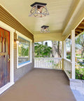 Rustic Farmhouse Flush Mount Ceiling Light Fixture With Wrought Iron Oak White Accents And ORB Details on porch ceiling