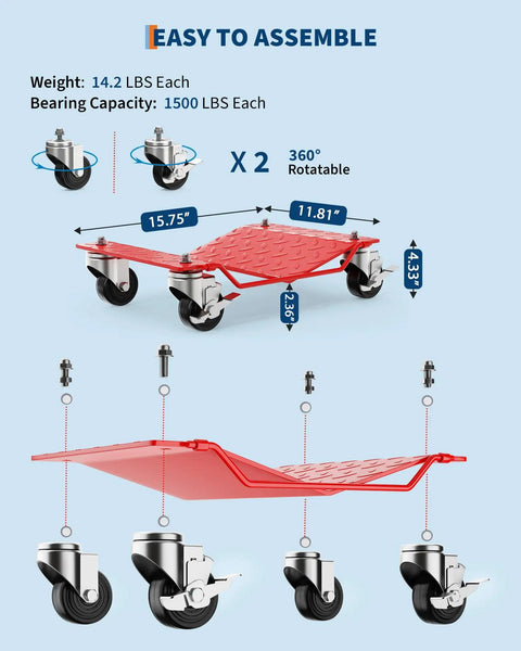 Beefy Heavy Duty Car Wheel Dollies With Built In Brakes, Tank Solid Steel Frame For No Sweat Moving, set shows 360° swivel caster design and dimensions.
