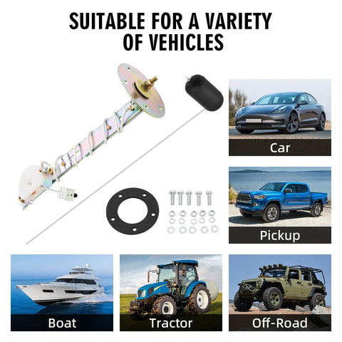 Heavy Duty Fuel Sending Unit With Float 0 To 90 Ohms Replacement For Cars Trucks Boats, includes mounting hardware.