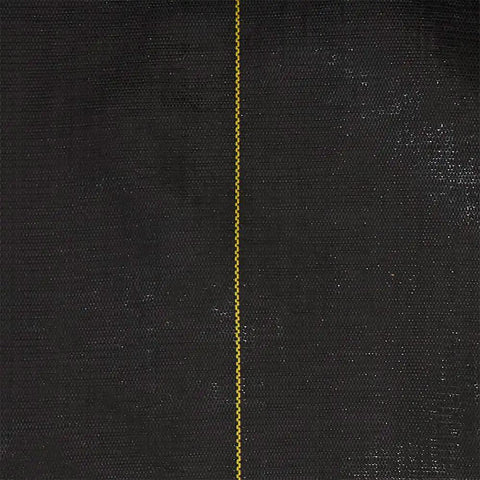 Weed Barrier Fabric Three Point Two Ounce Heavy Duty Ground Cover Four By Two Hundred Feet Breathable Mat close-up, black with yellow line