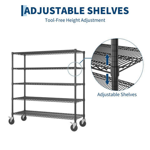Heavy Duty Rolling Wire Shelving Cart With Five Adjustable Steel Shelves And Locking Swivel Wheels showing adjustable shelves for height.