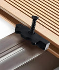500 Pack Rock Solid Hidden Deck Fasteners For Composite Board With Stainless Steel Screws And Universal Nylon Hideaway Clips close-up view of black nylon clip with screw on composite decking.