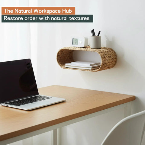 No Fuss Slick Wall Mounted Wicker Shelf Bathroom Organizer Rattan Hanging Toilet Paper Holder Basket Mega Roll Storage Rack Sweet Spot Dispenser For Legit Home Decor on a desk with laptop and documents.