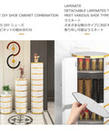 360 Degree Rotating Shoe Rack Vertical Space Saving Organizer Lazy Susan Entryway Footwear Tower For Compact Living White Finish with shoe storage details.