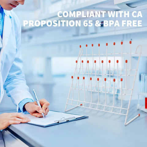 Solid 24 Position Lab Test Tube Drying Rack With Plastic Coated Metal For Science Experiments And Industrial Use Easy Drain Design shown in lab setting.