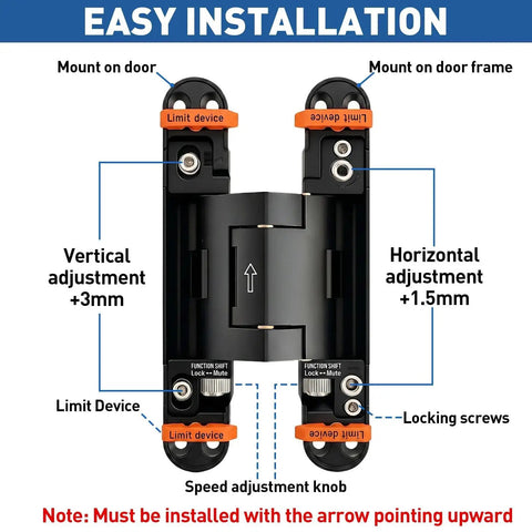 Diagram of 7 inch heavy duty self closing hidden door hinge with adjustable speed control showing mounting and adjustment details