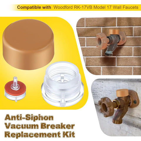 2 Pack Vacuum Breaker Float Kit And Anti Siphon Valve Repair Kit For Woodford RK 17VB Model 17 Wall Faucets Vacuum Breaker Replacement Parts Easy Install DIY Plumbing Fix Keeps Backflow Out shown with faucet.