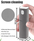 Hand holding compact On The Go Screen Cleaning Kit with spray bottle, measurements shown, safe deionized water formula for screens.