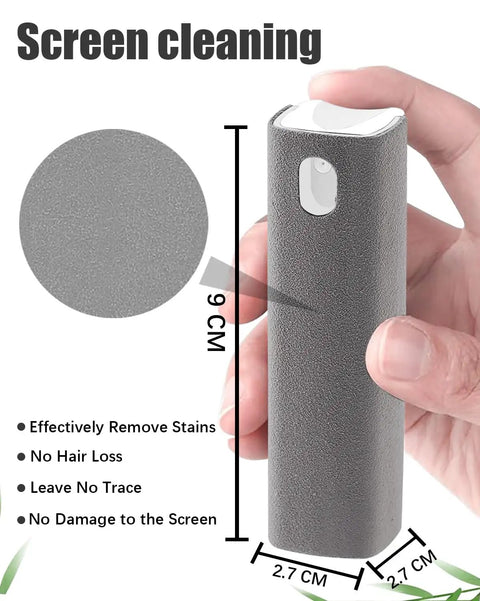 Hand holding compact On The Go Screen Cleaning Kit with spray bottle, measurements shown, safe deionized water formula for screens.