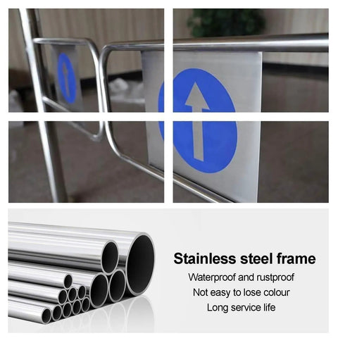 Heavy Duty Automatic Rebound Swing Gate Built Tough With Smooth Rolling Springs close-up of stainless steel frame and directional sign.