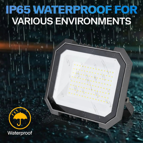 Rock Solid 50W LED Flood Lights 2 Pack Featuring Smooth 3CCT Temp Switch in IP65 waterproof design for varied environments.