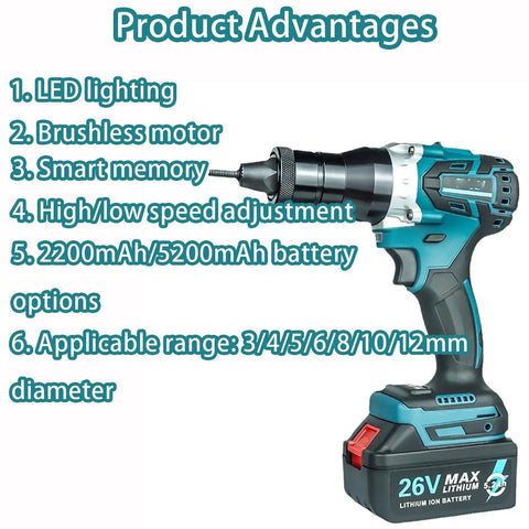 Cordless Rivet Nut Setter Gun With Dual Speed Gears And Rechargeable Battery Includes Seven Quick Swap Die Heads M3 Through M12 with LED lighting.