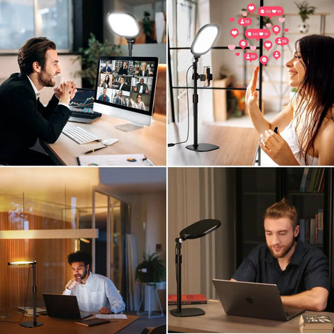 Adjustable Desk Ring Light With Stand For Webcam And Video Calls in use for video meetings and streaming, showcasing 30 light modes.