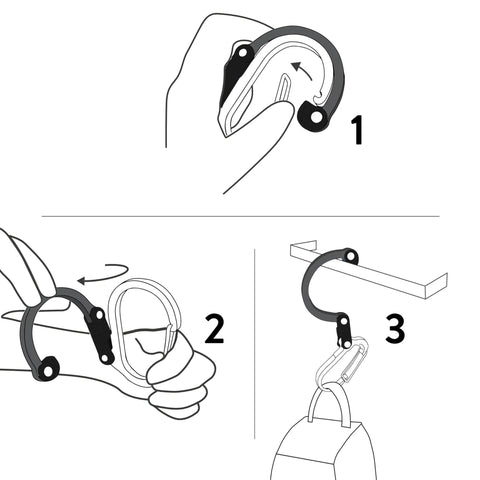 Illustration showing how to use HeroClip Medium Carabiner Gear Clip And Hook For Camping Backpack And Garage Organization. Steps 1-3.