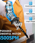Cordless Reciprocating Saw Featuring Variable Speed Up To 3500 SPM For Smooth Tear Through Steel And Lumber Comes With Twin 2 Ah Batteries For Legit Heavy Duty Job Site Grind with visible motor components.