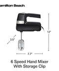 Slick Electric Hand Mixer Packing Six Speeds Plus A Dedicated Stir Button To Dodge Splatter While Whipping Up Thick Dough Or Fluffy Batter Plus Dual Beaters And Heavy Duty Hook Attachments, 6 Speed Hand Mixer with Storage Clip, black, 12" tall