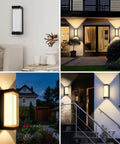 Rock Solid Black 24W Outdoor Wall Light Fixture IP65 Waterproof 3000 Lumens 3000K Warm White Double Layer Acrylic Shade installed in various outdoor settings.