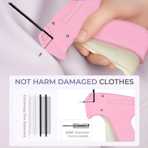 Dang Quick Stitch Gun For Clothes, Lightning Fast Sewing Mender With Micro Fasteners, Slick Handheld Garment Repair Tool, No Sweat Pocket Packing Fixer For Pants And Shirts, Pink, close-up of tool on fabric with micro needle