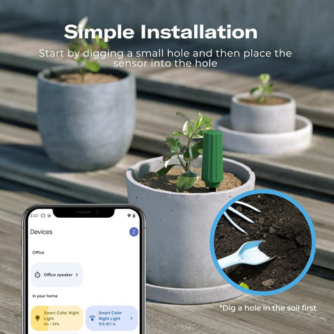 3 Pack Soil Moisture Sensor with Capacitive Probe installed in potted plant with smartphone app interface showing sensor readings.