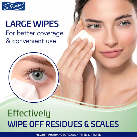 Dr. Fischer eyelid wipes, front view; large twin-pack, hypoallergenic preservative-free eye cleansing wipes for sensitive eyelids