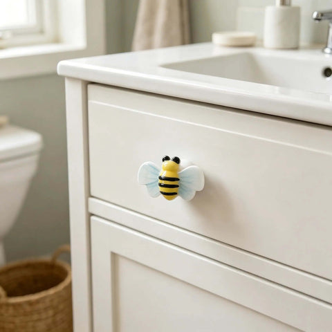 Hella Cute Yellow Honey Bee Ceramic Drawer Knobs And Cabinet Pulls, 6 Pack Set With Screws For Whimsical Nursery Kids Bedroom Furniture Hardware Dreamy Upgrade, close-up on bee knob.