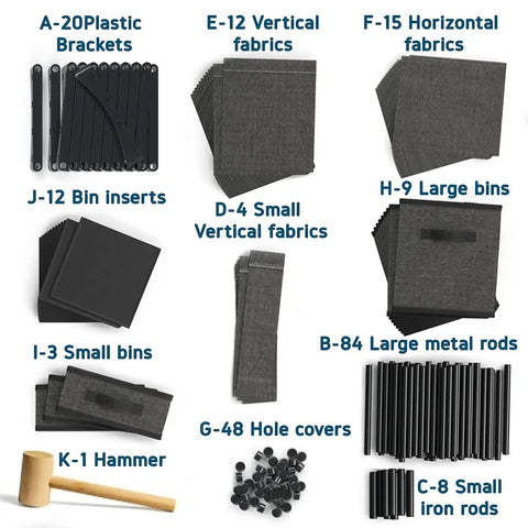 12 Cube Storage Organizer With 12 Included Bins Black Durable Shelves parts layout, including metal rods and fabric cubes.