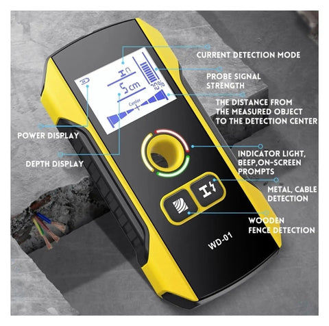 Heavy Duty Wall Scanner And Electronic Stud Finder With Live Ac Wire And Metal Pipe Detection, displays detection modes and readings.