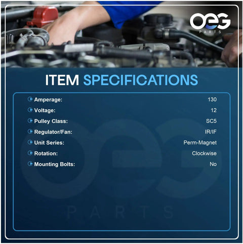 Item specifications for Bulletproof 130A Alternator For Chevrolet Cruze 1.4L 2015 with details on amperage, voltage, and rotation.