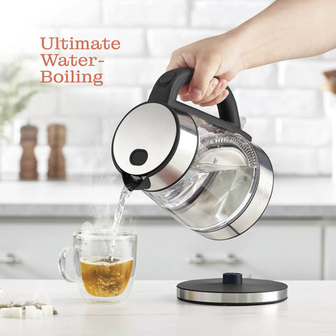 Fast Boil Electric Kettle For Coffee And Tea 1.7L Water Boiler 1500W Borosilicate Glass pouring hot water into a cup.