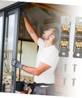 Man installing Heavy Duty Stainless Steel Sliding Door Wheels Pair With Double Pulley Track For Smooth Quiet Glide And No Sweat Cabinet Hardware Upgrade Set Includes Mounting Screws.