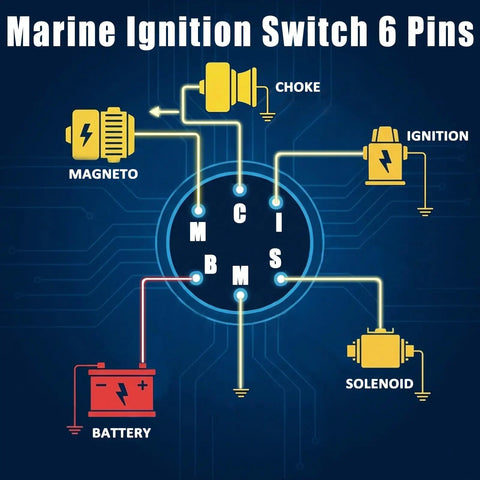Diagram of Boat Ignition Switch With Keys For Three Position Magneto Push To Choke No Fuss Install Replacement Panel Mount Fits MP41000 MP52000 87 88107 87 88107A5 Premium Quality Durable Quick Swap For Boats showing connections