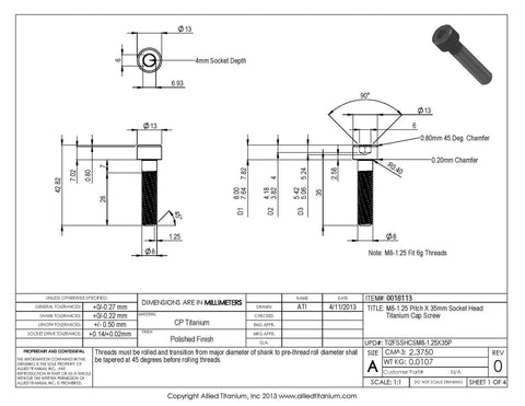 Pack Of Eight M8 1.25 X 35mm Socket Head Cap Screws Grade Two Polished Titanium Bolts diagram with dimensions and details.