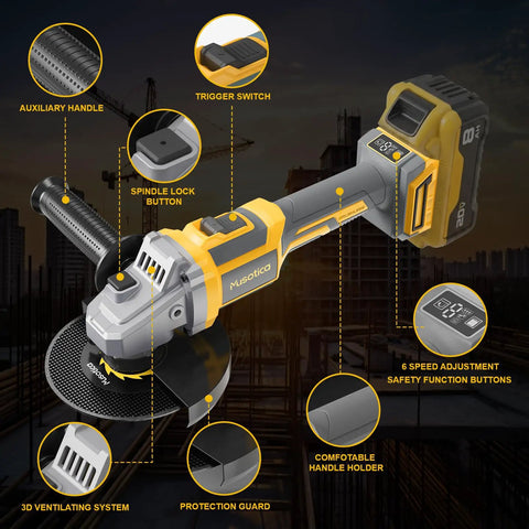 Tool Belt Essential Brushless Cordless Angle Grinder Runs A Slick 9000 Rpm In A Tight Four And Half Inch Package with trigger switch and safety buttons.