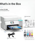 EcoTank ET-4950 Wireless All-In-One Color Supertank Printer With Refillable Ink, Up To 3 Years Ink, No Cartridge Hassle, Great For Home Office, 18 PPM, 2.4 Inch Color Touchscreen, Auto Document Feeder, White with accessories and ink bottles.