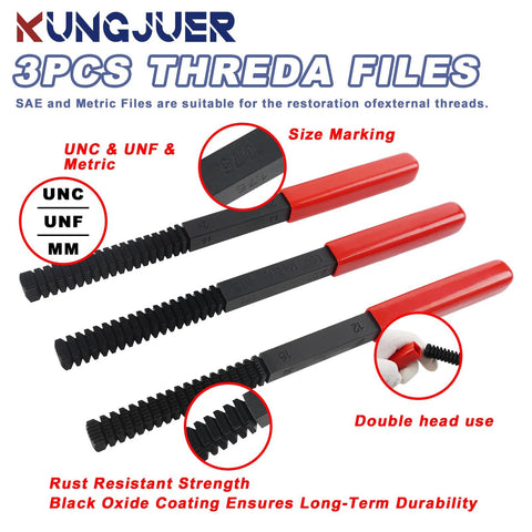 KUNGJUER 3Pcs thread file set with red handles, black oxide-coated high-carbon steel, UNC/UNF/MM markings (front view)