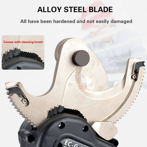 Battery Operated Hydraulic Cable Cutter for Copper and Aluminum Cables showing alloy steel blade details.