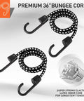 Two black and white premium 36-inch bungee cords with hooks, featuring elastic latex inner core for tension.