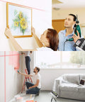 People using DIY Multipurpose Laser Level Tool Kit With Line Laser And Triangle Bracket for precise picture hanging and wall alignment indoors.