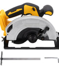 Badass Cordless Circular Saw with 7-1/4 Inch Blade and 5300 RPM Brushless Motor Cuts Hardwood Plywood No Sweat Includes 2 Alloy Steel Blades plus Carry Case for Serious Woodworkers Who Want Power on the Go without any Hassle - side view with alloy steel blades and accessories.