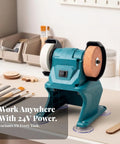 Kickass Compact Bench Grinder Featuring Dual Wheel Sharpening And Polishing Rig With Rugged Suction Base showing tools on workbench.