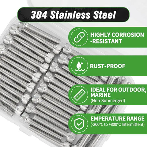 Workhorse Grade M4 Hex Socket Cap Screws 180 Pack 12mm Length Top Shelf 304 Stainless Steel image showing rust-proof and corrosion-resistant screws.