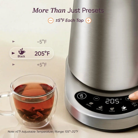 Fast Boiling 1.7L Electric Kettle With Plastic Free Interior And 5 Presets For Tea And Coffee, stainless steel, temperature display