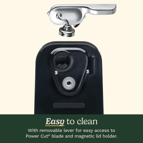 Reliable Automatic Electric Can Opener With Simple One Touch Activation And Secure Nonslip Base For No Sweat Everyday Kitchen Cooking And Canning Prep In Sleek Black, showing removable lever and blade access.
