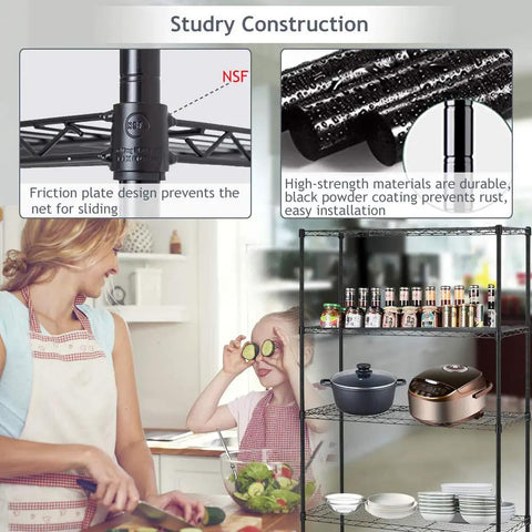 Adjustable Heavy Duty Wire Shelving With Four Solid Levels, showcasing sturdy construction in a kitchen with food prep.