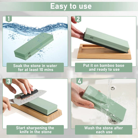 Steps using Pro Grade Double Sided Whetstone Knife Sharpening Kit With 400 And 1000 Grit On One Side And 3000 And 8000 On The Other