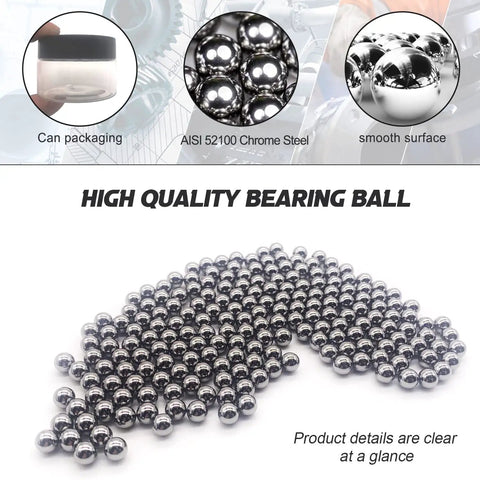 Top Notch Solid Steel Bearing Balls Quarter Inch 6.35mm G25 Precision Rounds close-up showing smooth surface and packaging.
