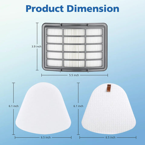 Four Plus Two Pack Replacement Filters dimensions for Navigator Lift Away Vacuums, showcasing foam, felt, and HEPA filters.