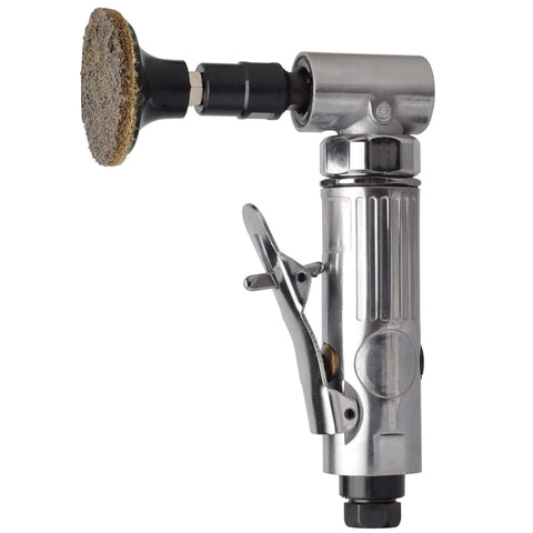 1/4-inch angle air die grinder in chrome with brown 2-inch sanding disc attached