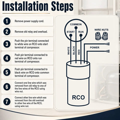 Installation steps for 3-In-1 Hard Start Capacitor Quick Connect For 1/12 To 1/5 Hp. 145-175 Mfd 115V with wiring details.