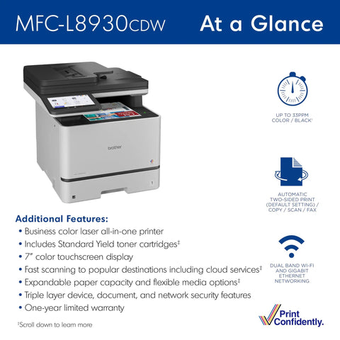 Color Laser All In One Printer With Duplex Printing, Scan And Copy, Fast 33 Pages Per Minute, Compact Durable Design